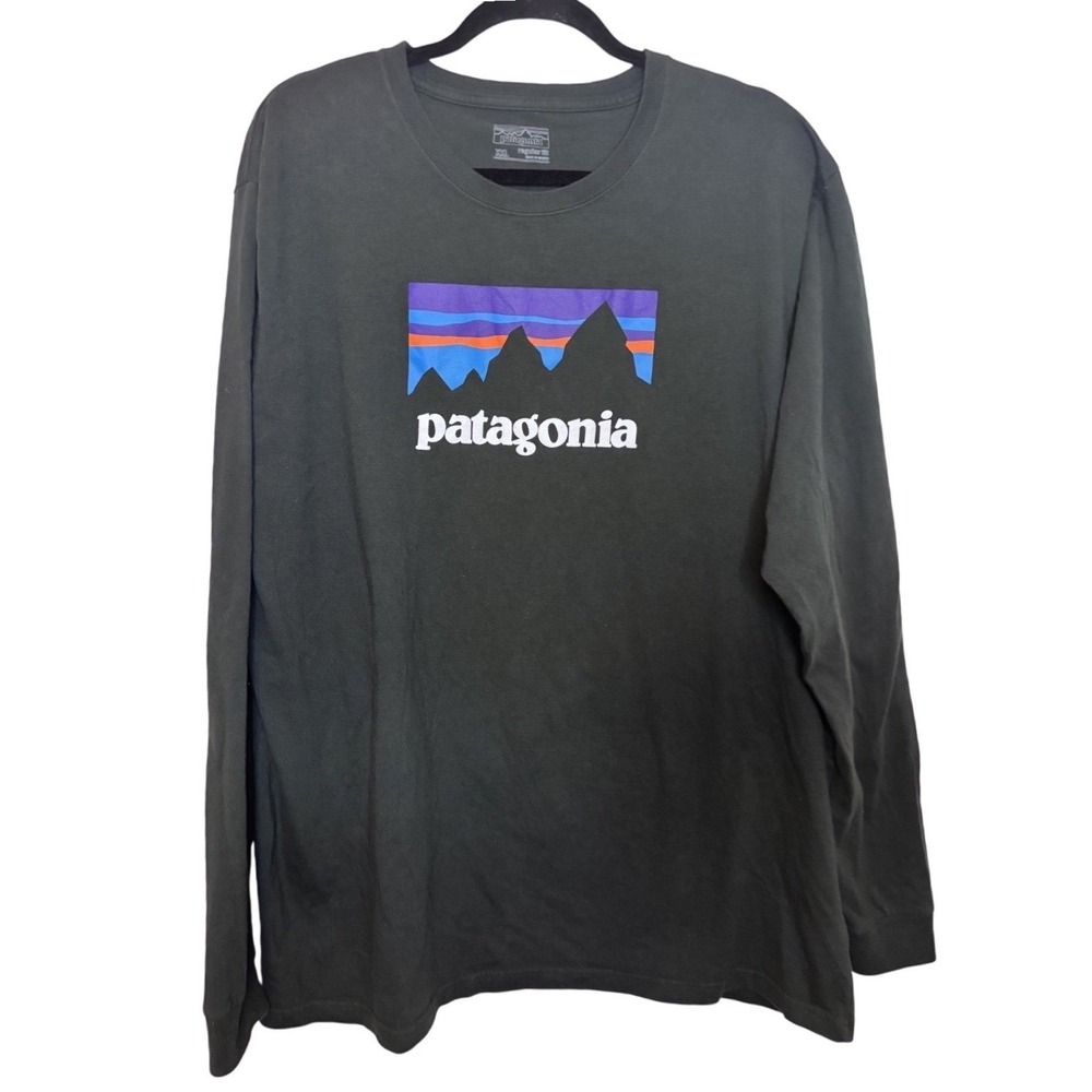 Patagonia Mens XXL Long Sleeve Organic Cotton Fitz Roy Logo T-Shirt Green Hiking